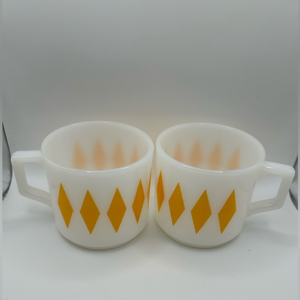 Fire King Ware Vintage Milk Glass Yellow Diamond Pattern Set of 2